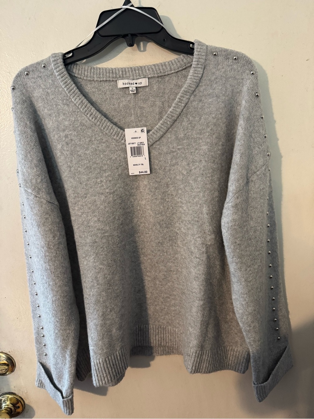 Hooked Up by IOT Women's Gray V-Neck Studded Sweater